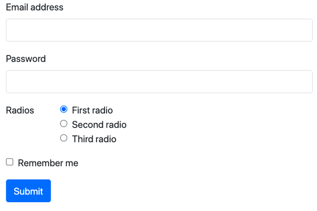 Bootstrap Checkbox and Radio Form Example displays three radio buttons in a horizontal layout and a remember me checkbox